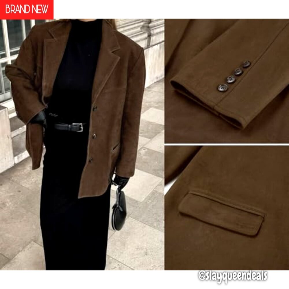 Oversized Faux Suede Jacket Notched Lapel Button Down Long Sleeve Pockets - Picture 6 of 7